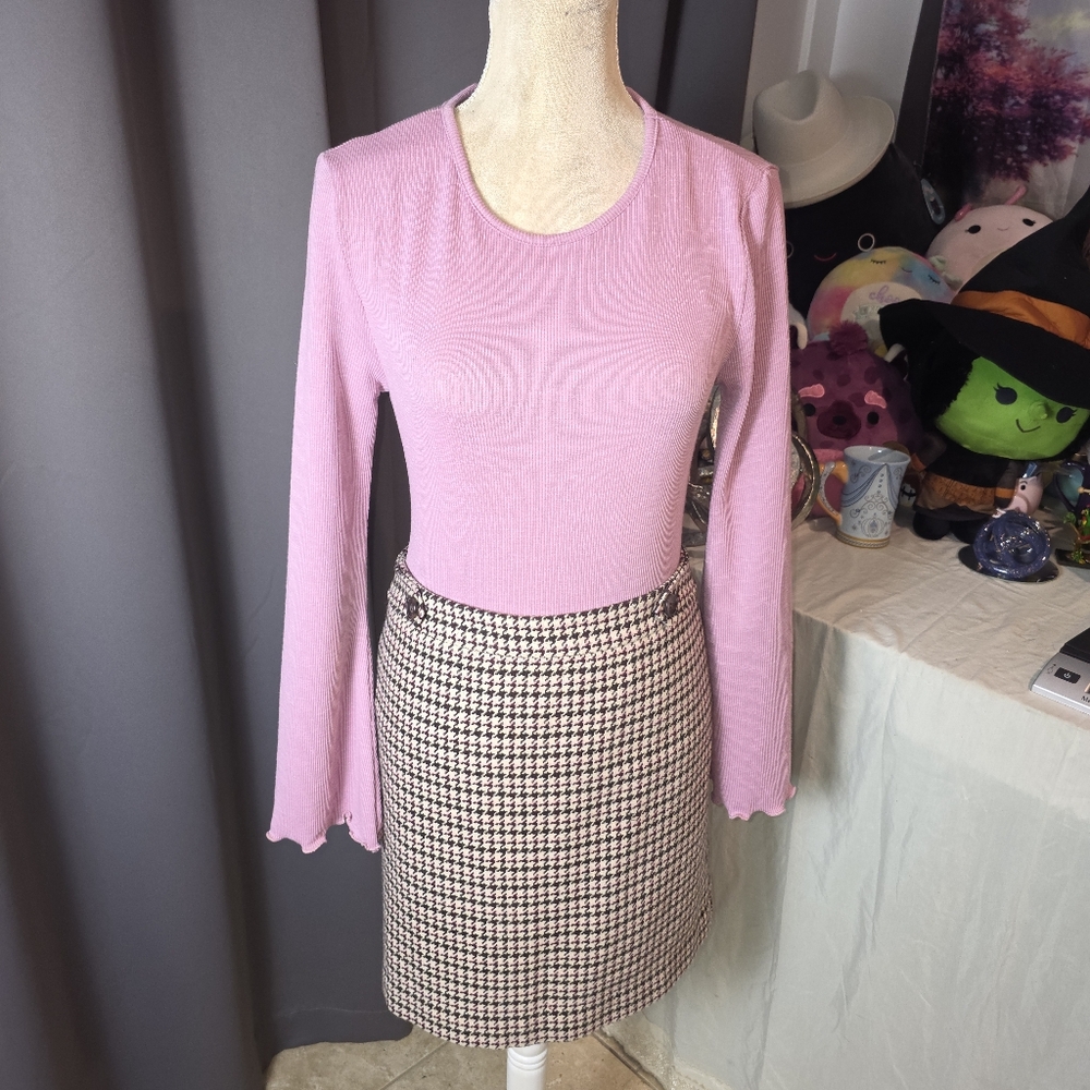 LOFT Wool Blend Houndstooth Mini Skirt 16 Brown Pink Lined Tweed Classic Fall